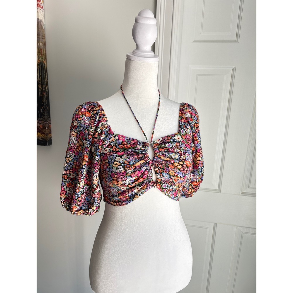 Wild Fable Crop Top Womens‎ XS Multicolor Floral Smocked Halter Puff Sleeves
